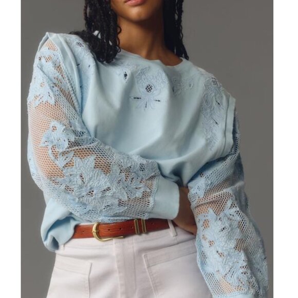 By Anthropologie Embroidered Cutwork Sweatshirt Sky Blue 3X - Picture 1 of 10